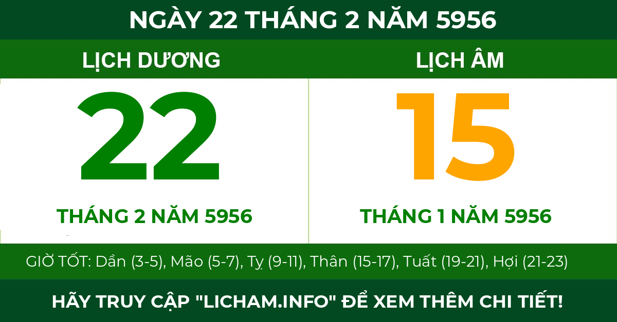lịch âm ngày 22 tháng 2 năm 5956