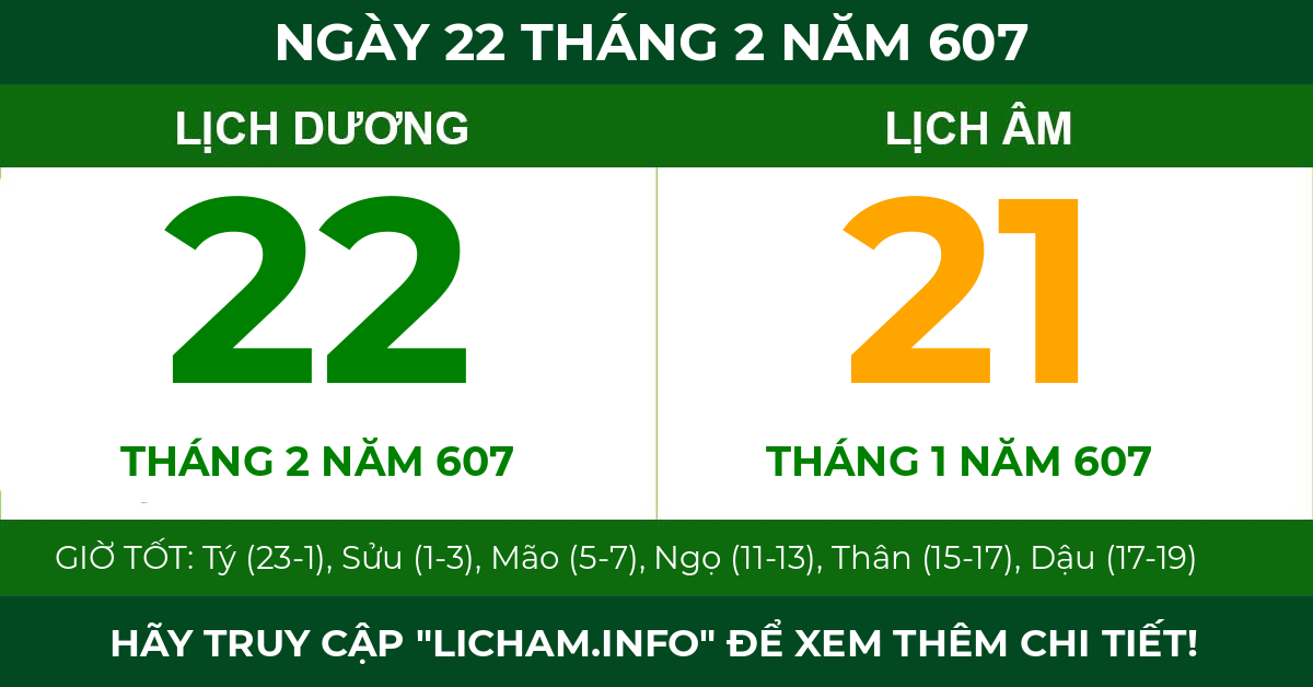 lịch âm ngày 22 tháng 2 năm 607