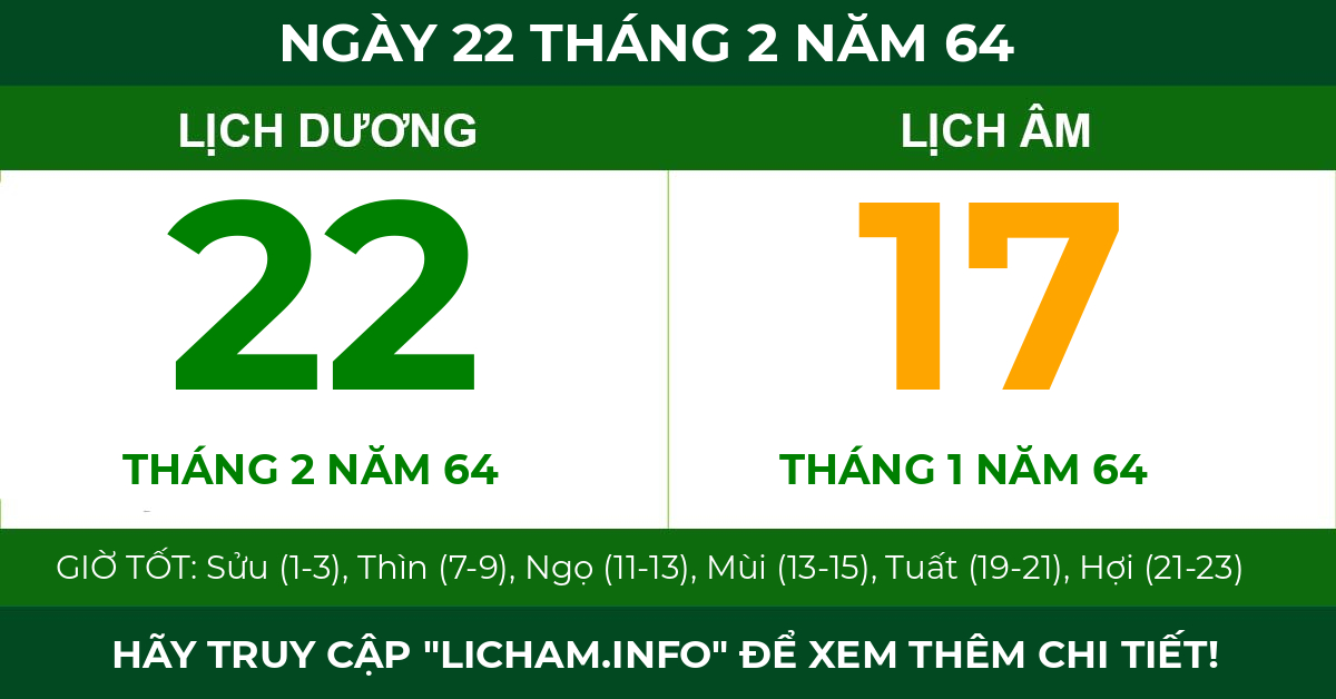 lịch âm ngày 22 tháng 2 năm 64