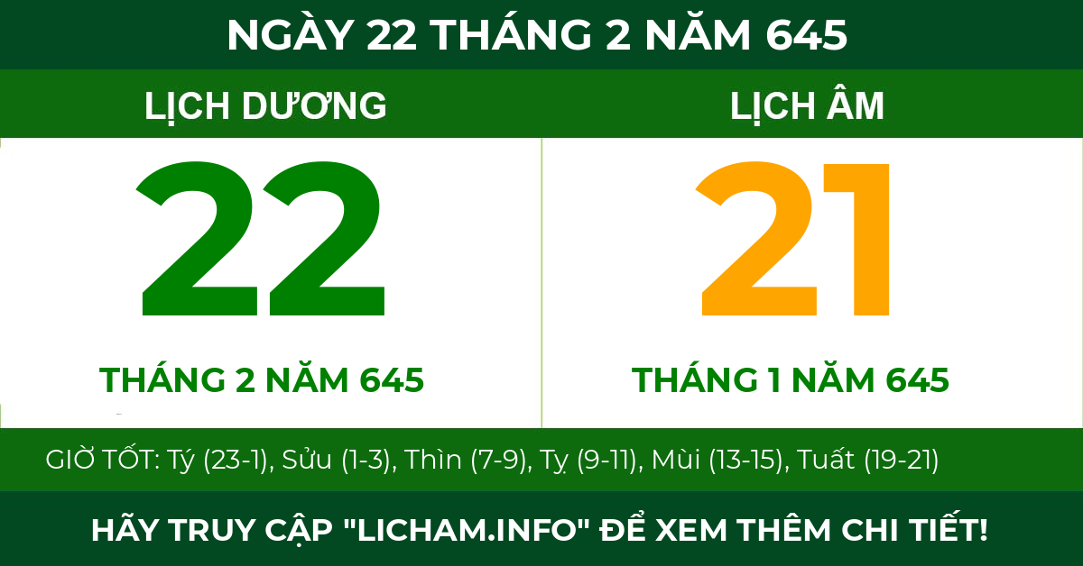 lịch âm ngày 22 tháng 2 năm 645