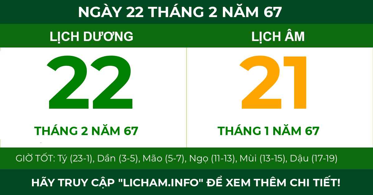lịch âm ngày 22 tháng 2 năm 67