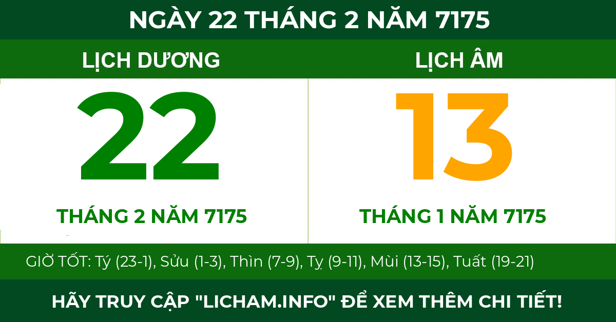 lịch âm ngày 22 tháng 2 năm 7175