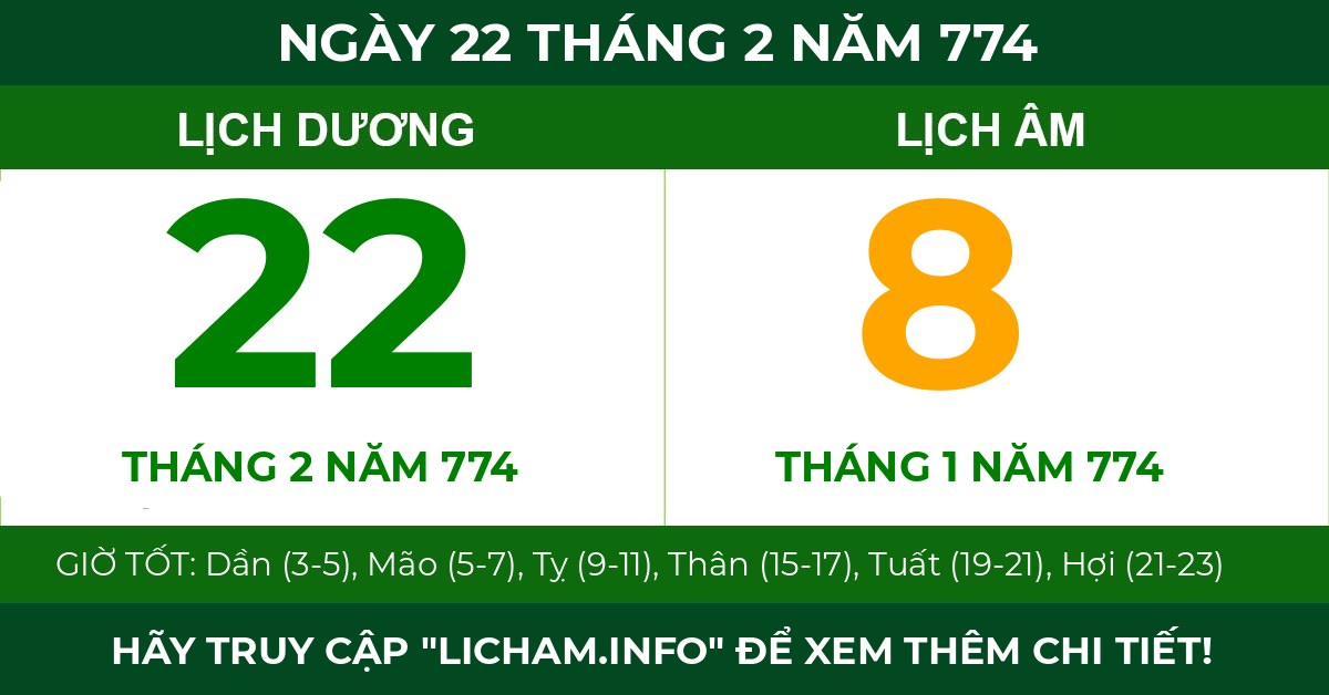lịch âm ngày 22 tháng 2 năm 774