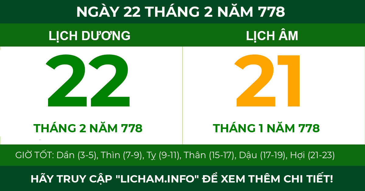 lịch âm ngày 22 tháng 2 năm 778