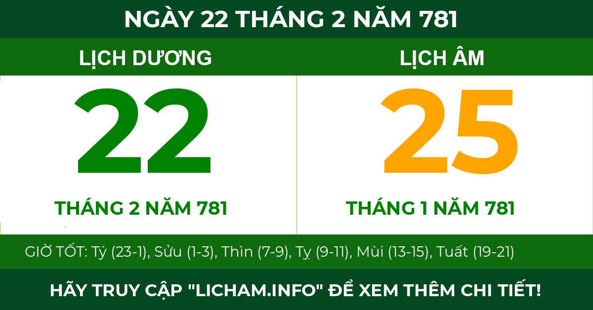lịch âm ngày 22 tháng 2 năm 781