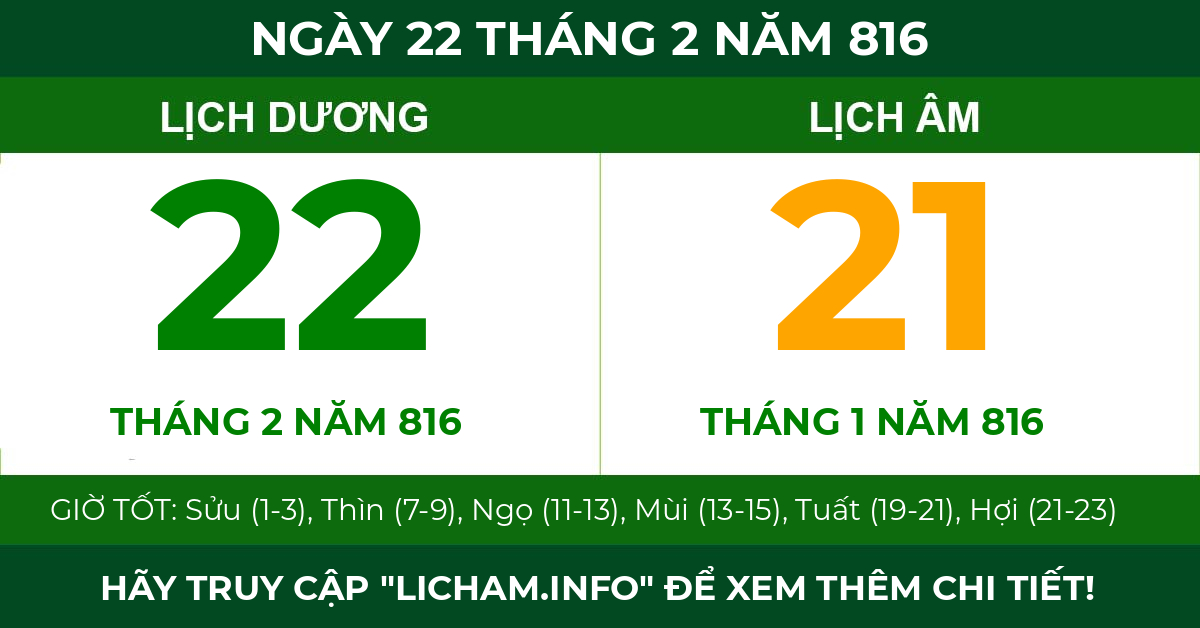 lịch âm ngày 22 tháng 2 năm 816