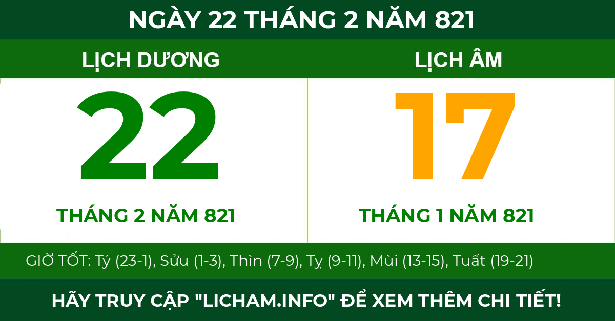 lịch âm ngày 22 tháng 2 năm 821