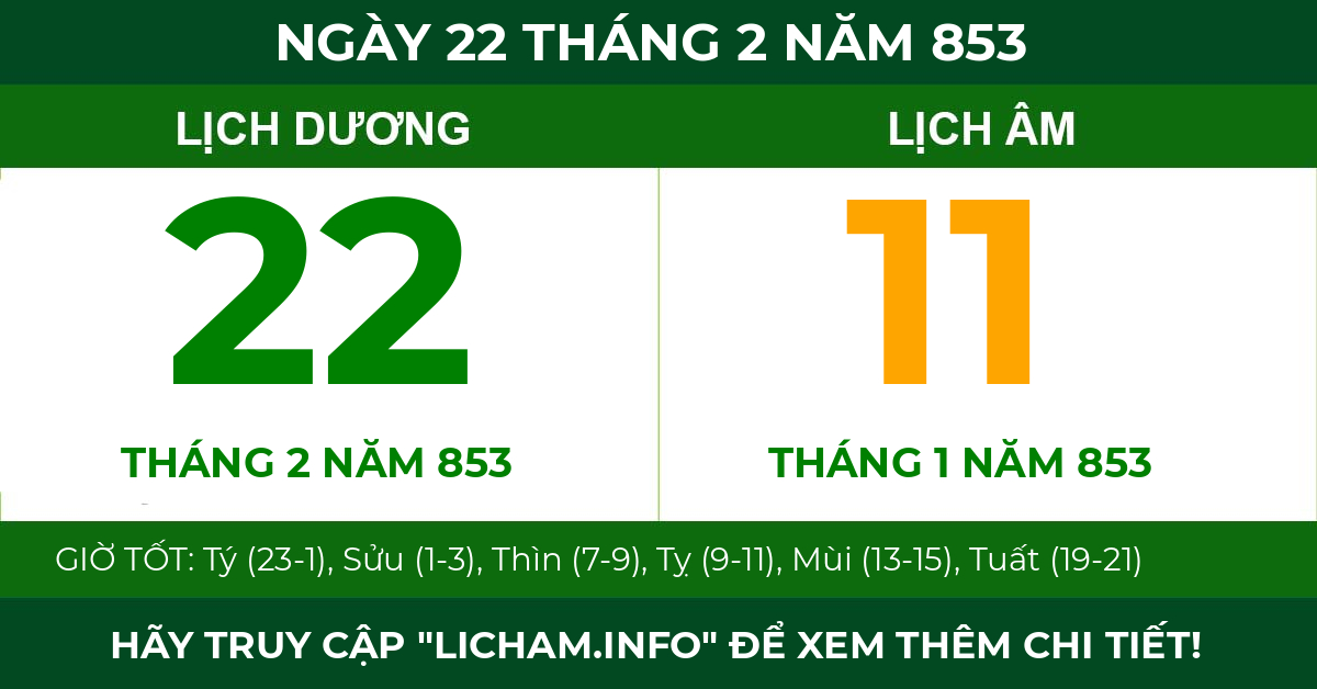 lịch âm ngày 22 tháng 2 năm 853