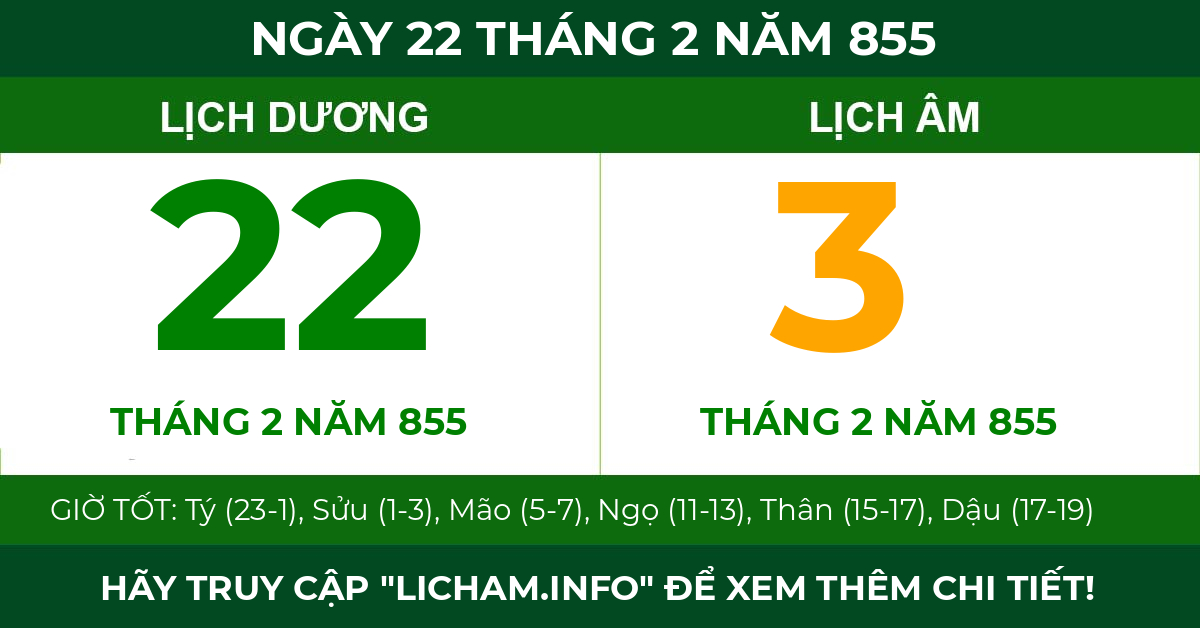lịch âm ngày 22 tháng 2 năm 855