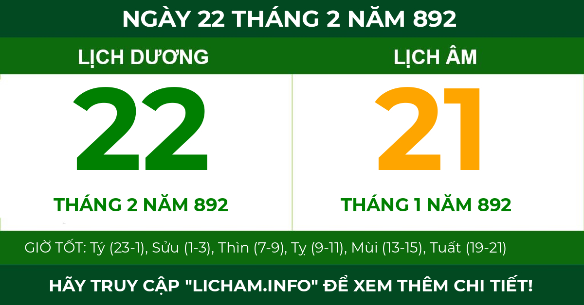 lịch âm ngày 22 tháng 2 năm 892
