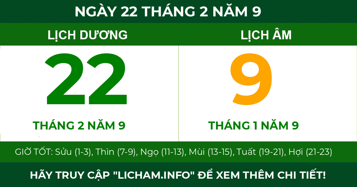 lịch âm ngày 22 tháng 2 năm 9