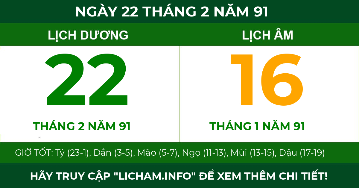 lịch âm ngày 22 tháng 2 năm 91