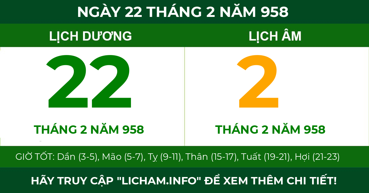 lịch âm ngày 22 tháng 2 năm 958