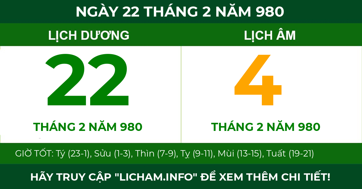 lịch âm ngày 22 tháng 2 năm 980