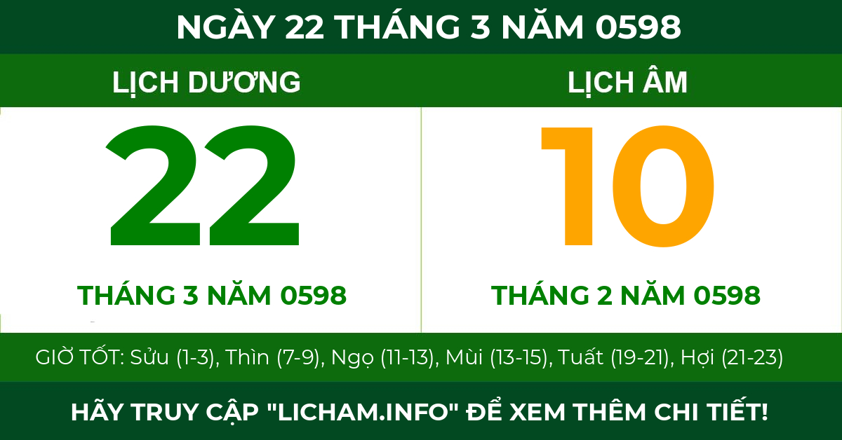 lịch âm ngày 22 tháng 3 năm 0598