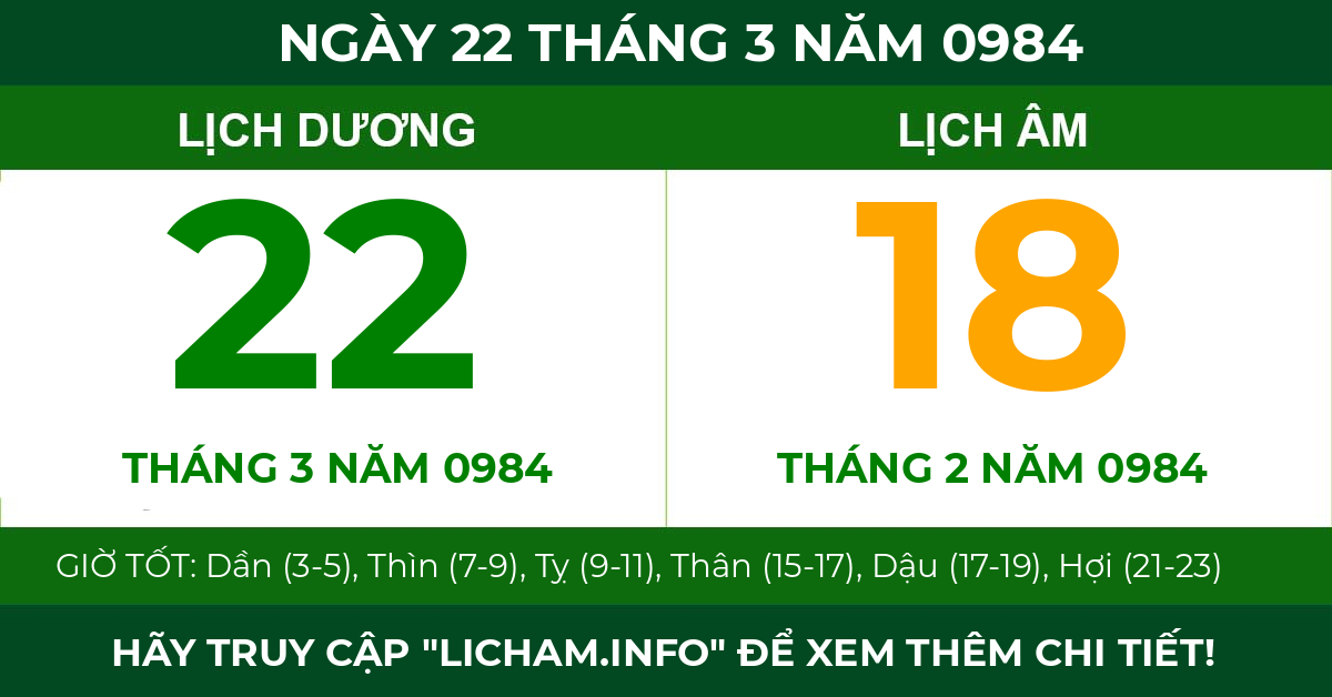 lịch âm ngày 22 tháng 3 năm 0984