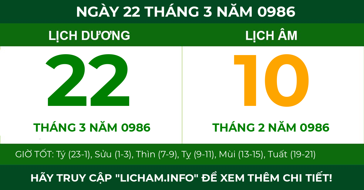 lịch âm ngày 22 tháng 3 năm 0986
