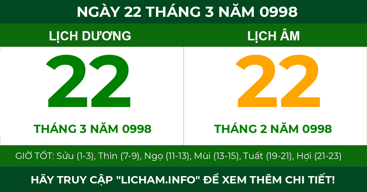 lịch âm ngày 22 tháng 3 năm 0998