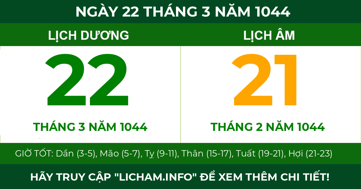 lịch âm ngày 22 tháng 3 năm 1044