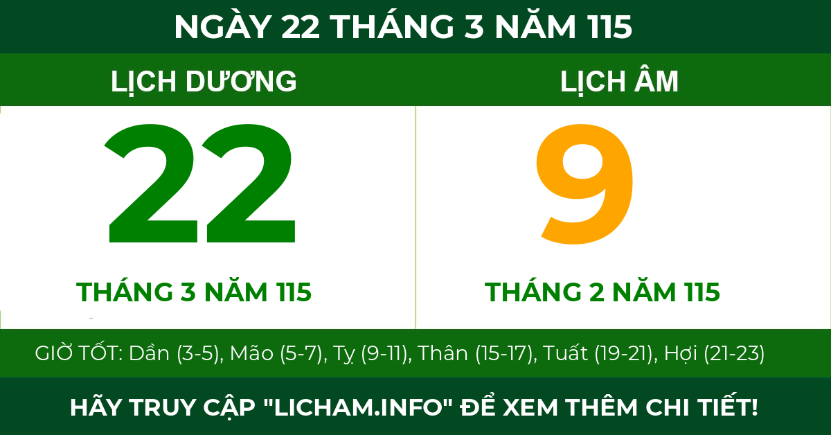 lịch âm ngày 22 tháng 3 năm 115