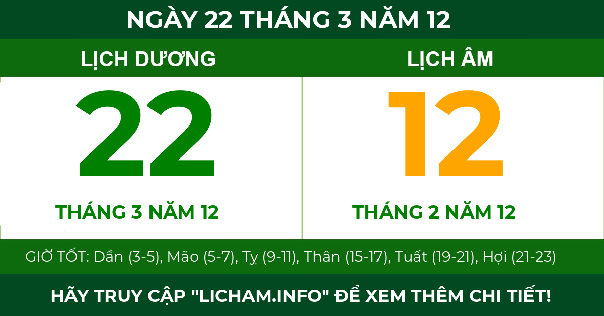 lịch âm ngày 22 tháng 3 năm 12