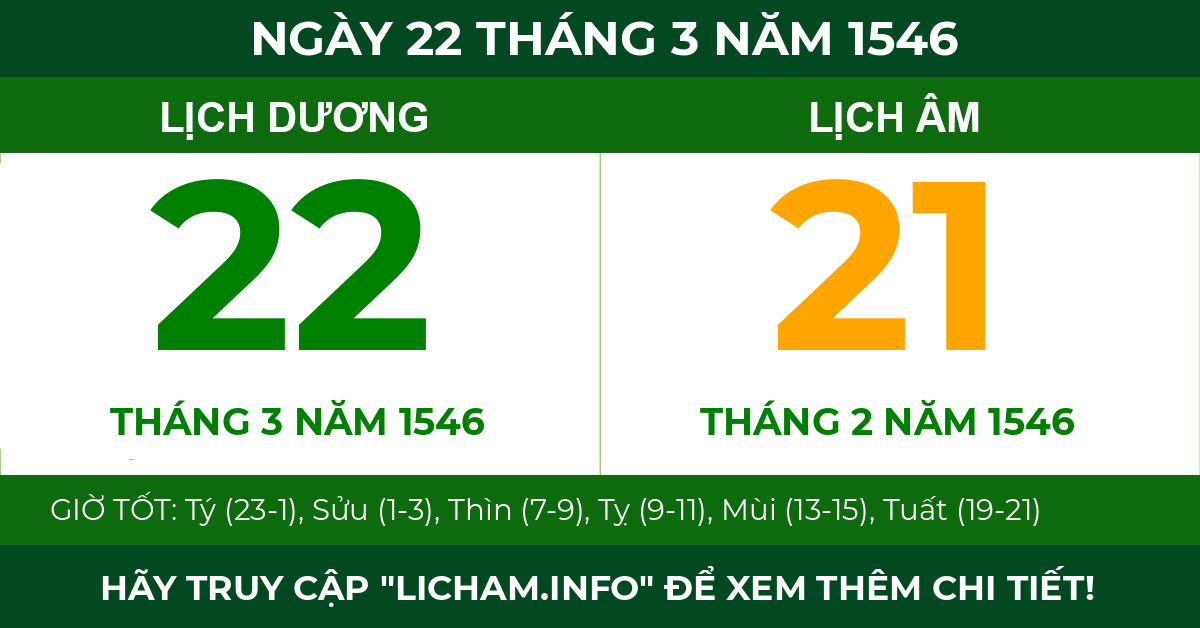 lịch âm ngày 22 tháng 3 năm 1546