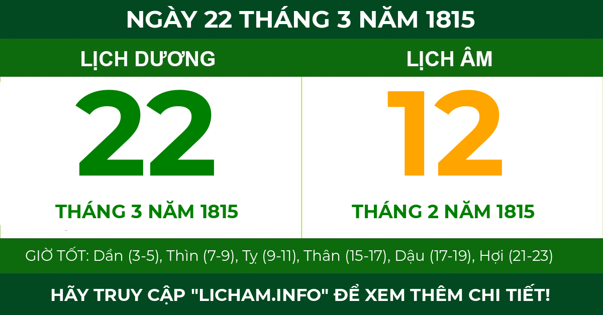 lịch âm ngày 22 tháng 3 năm 1815