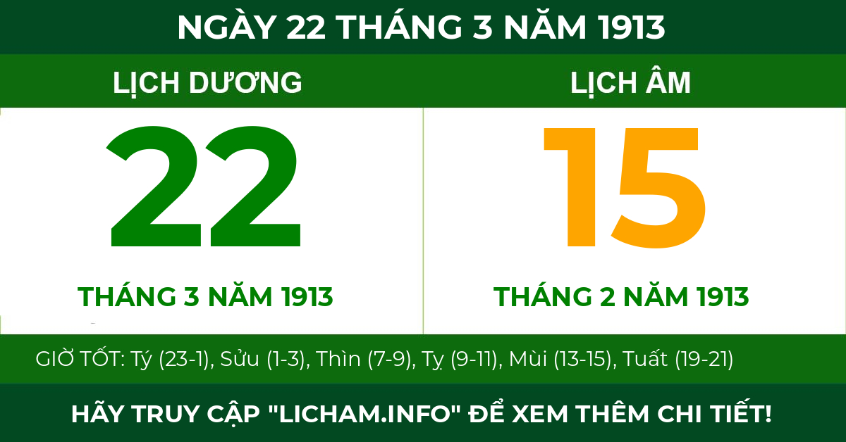 lịch âm ngày 22 tháng 3 năm 1913
