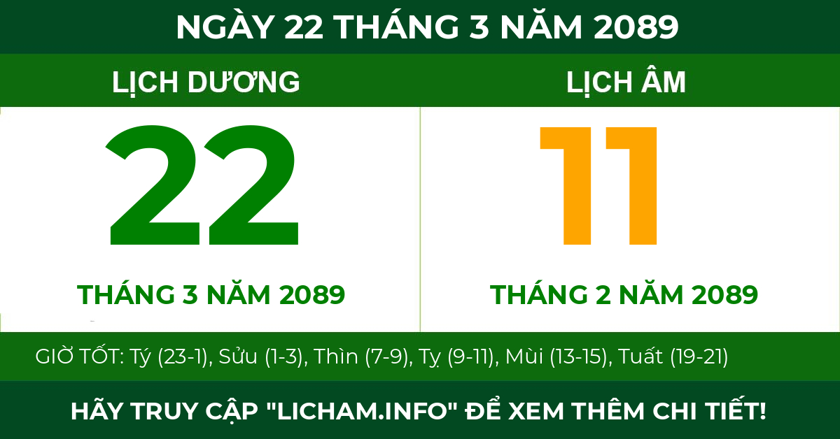 lịch âm ngày 22 tháng 3 năm 2089