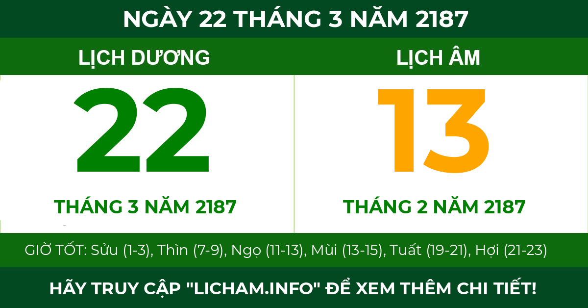 lịch âm ngày 22 tháng 3 năm 2187