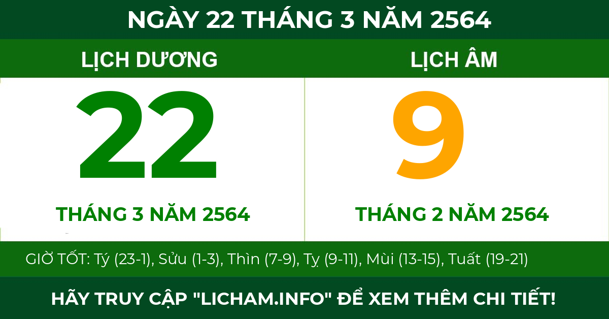 lịch âm ngày 22 tháng 3 năm 2564