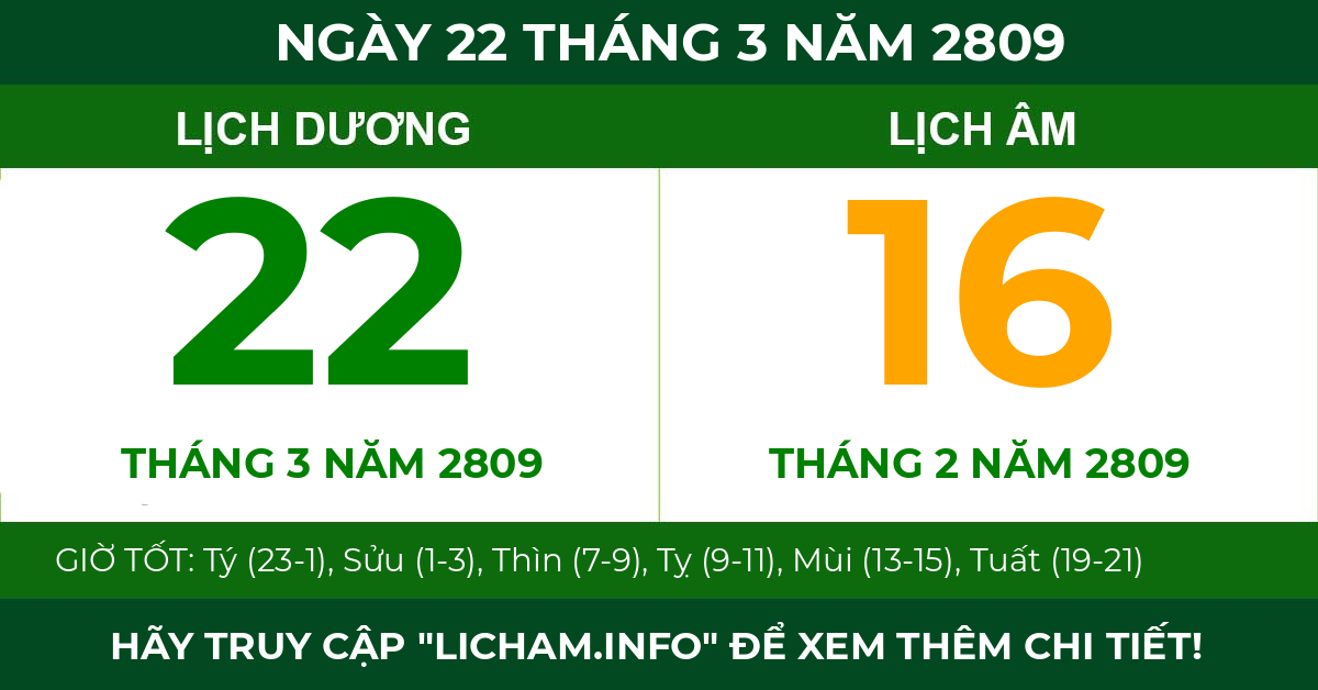 lịch âm ngày 22 tháng 3 năm 2809