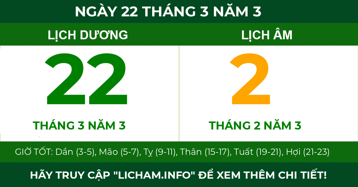lịch âm ngày 22 tháng 3 năm 3