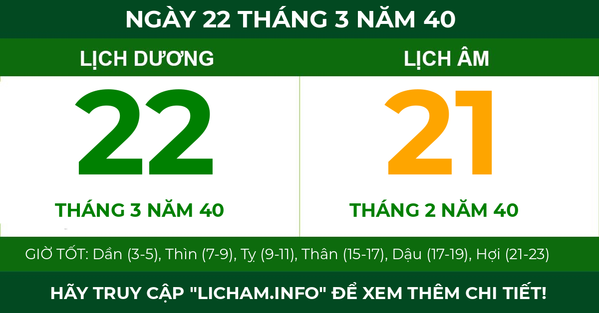 lịch âm ngày 22 tháng 3 năm 40