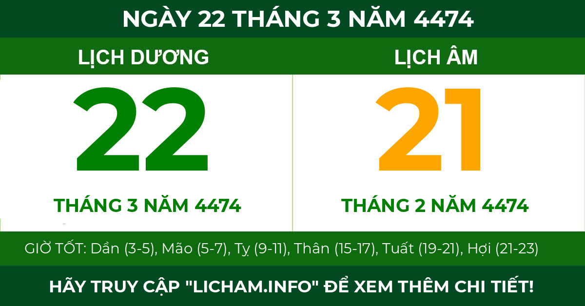 lịch âm ngày 22 tháng 3 năm 4474