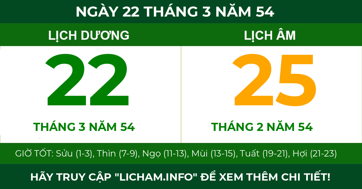 lịch âm ngày 22 tháng 3 năm 54