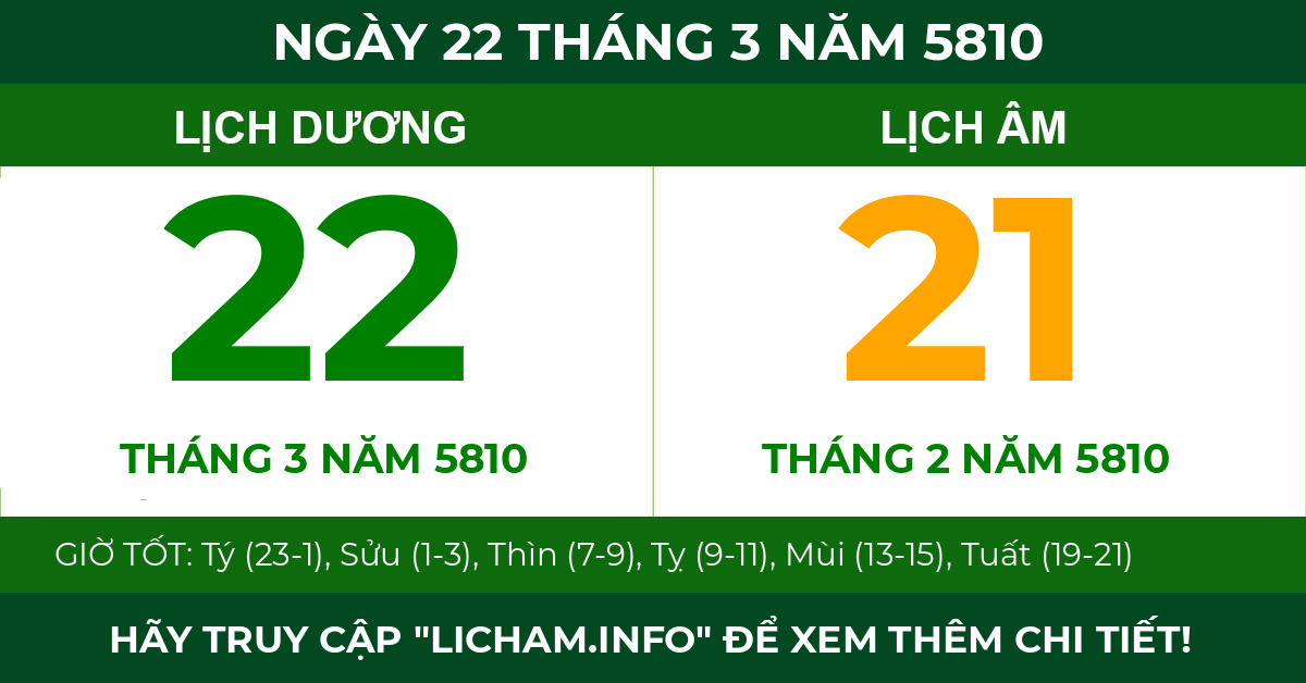 lịch âm ngày 22 tháng 3 năm 5810