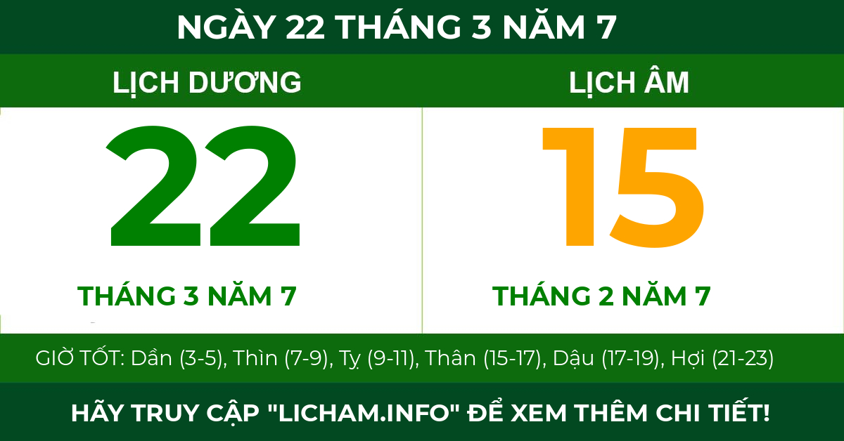 lịch âm ngày 22 tháng 3 năm 7