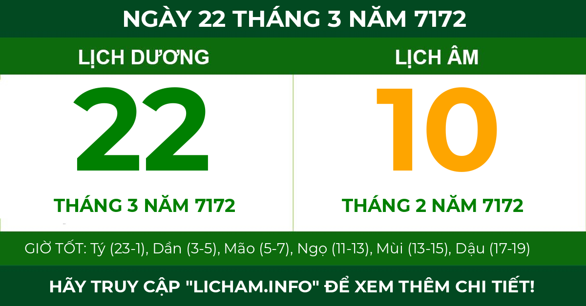 lịch âm ngày 22 tháng 3 năm 7172