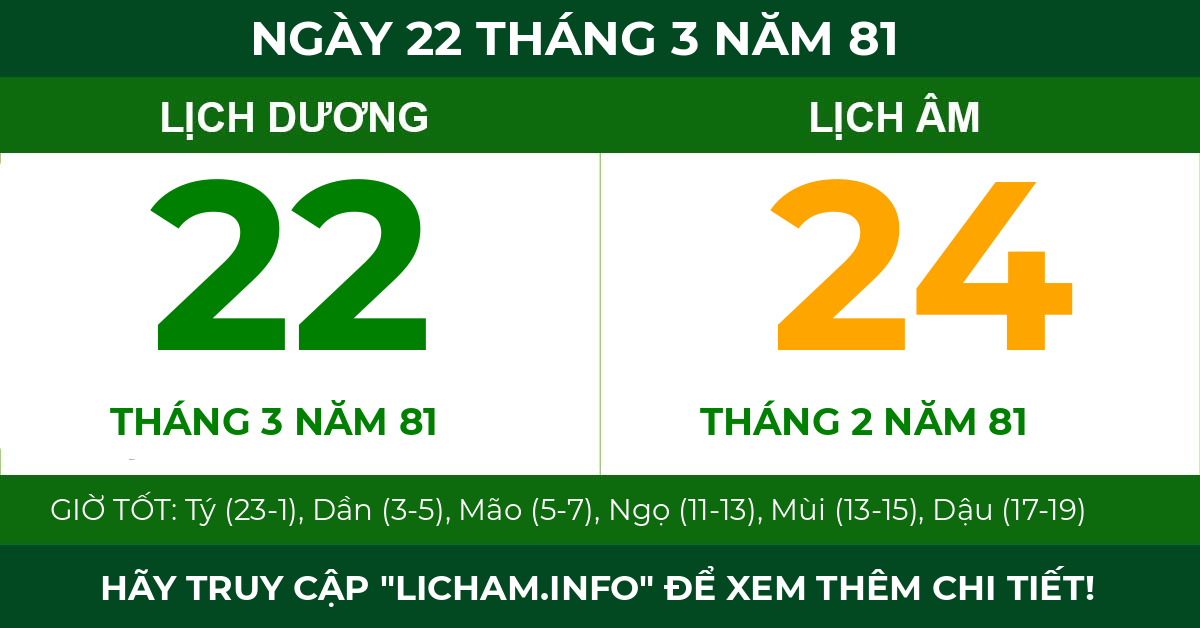 lịch âm ngày 22 tháng 3 năm 81