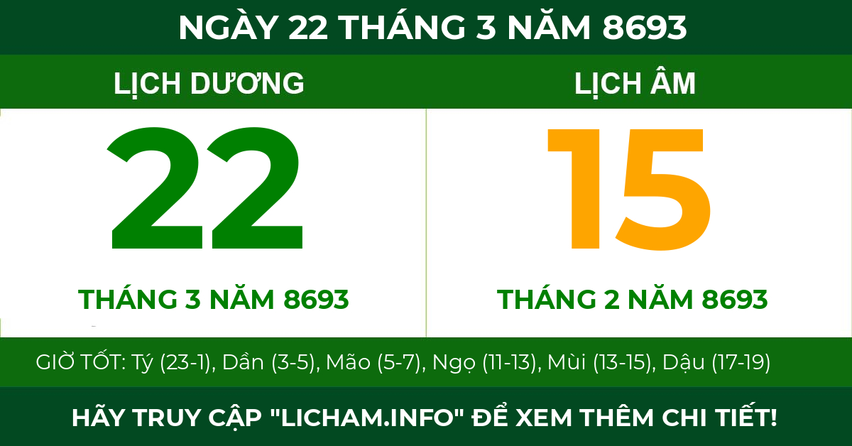 lịch âm ngày 22 tháng 3 năm 8693