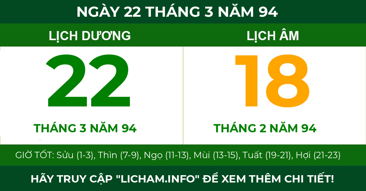 lịch âm ngày 22 tháng 3 năm 94