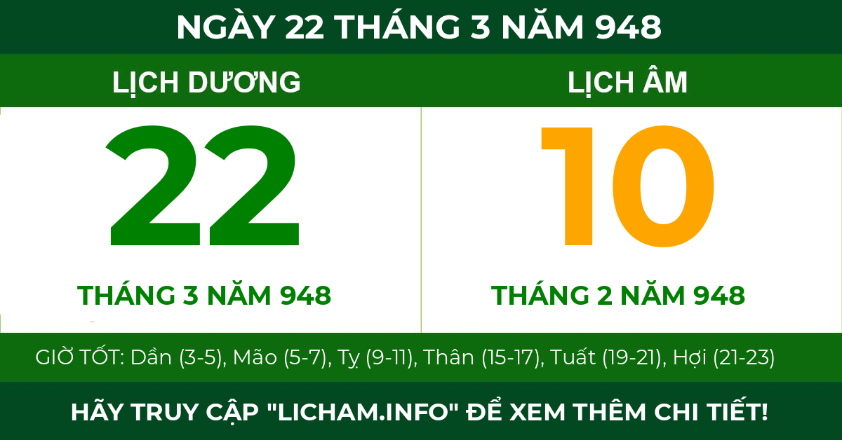 lịch âm ngày 22 tháng 3 năm 948