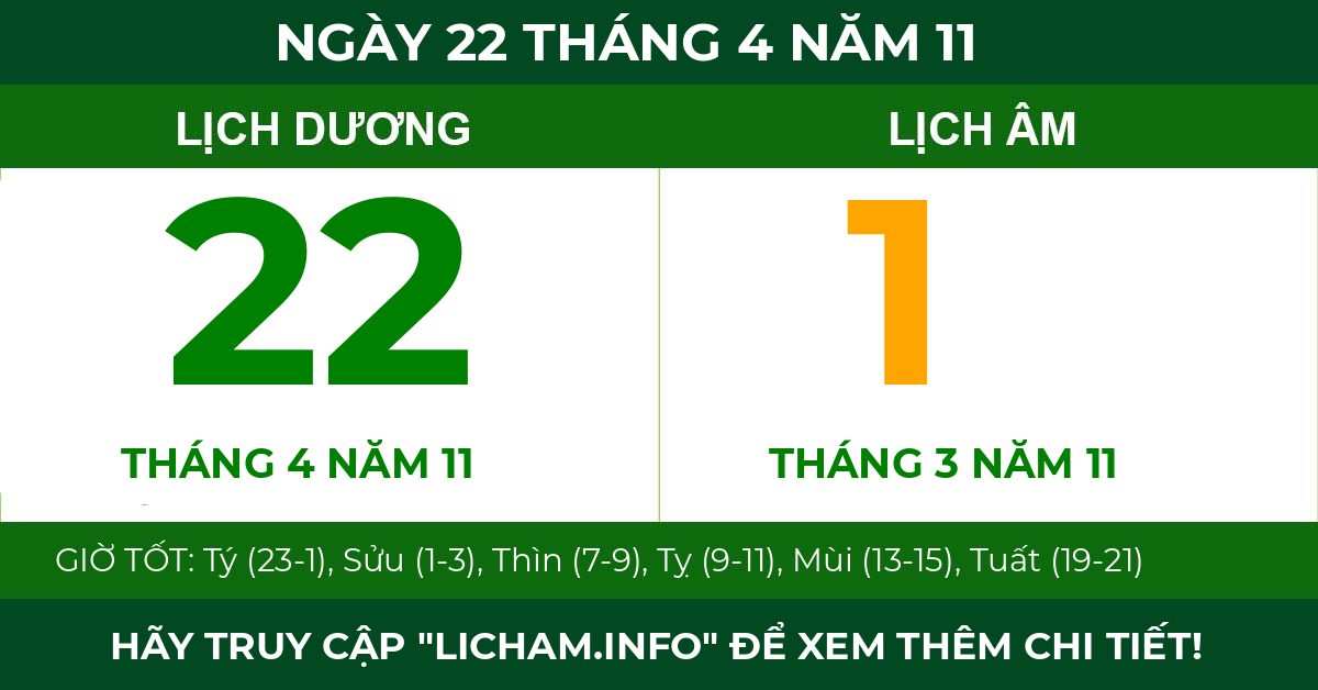 lịch âm ngày 22 tháng 4 năm 11