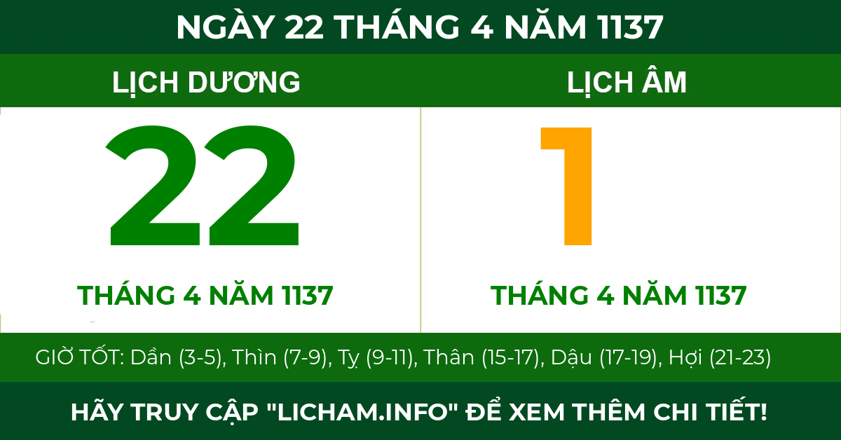 lịch âm ngày 22 tháng 4 năm 1137