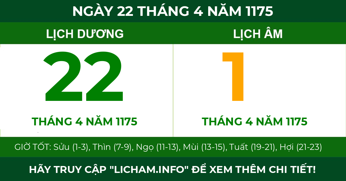 lịch âm ngày 22 tháng 4 năm 1175