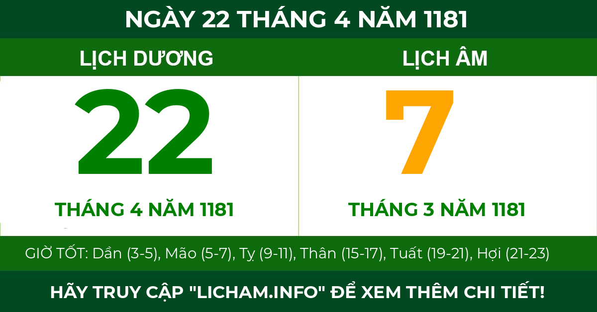lịch âm ngày 22 tháng 4 năm 1181
