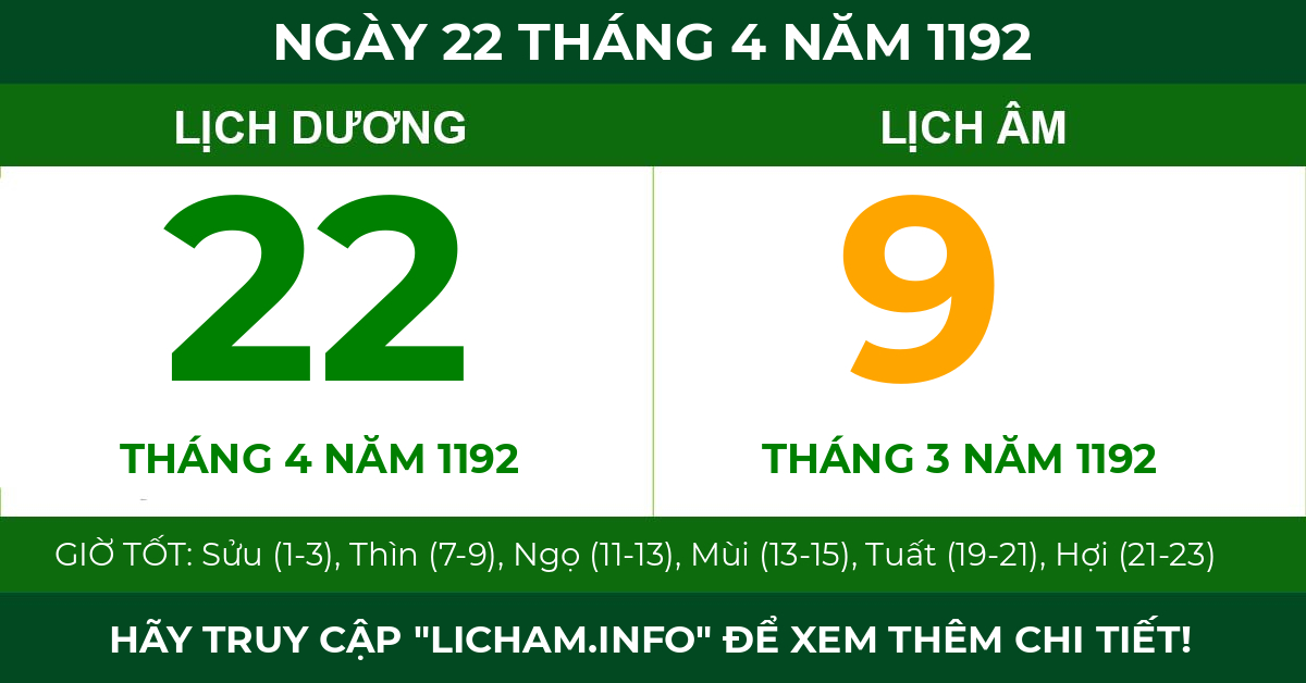 lịch âm ngày 22 tháng 4 năm 1192