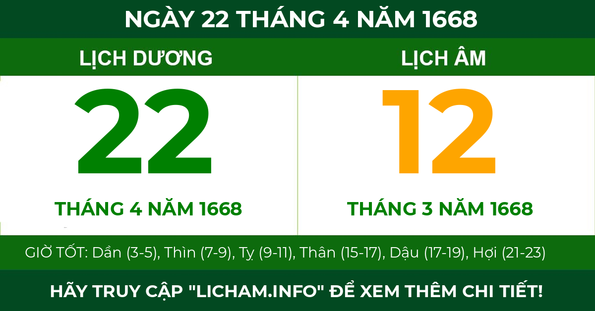 lịch âm ngày 22 tháng 4 năm 1668