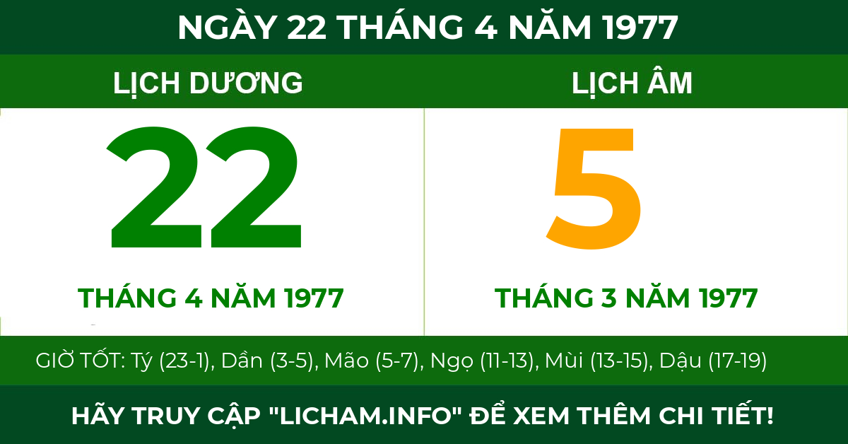 lịch âm ngày 22 tháng 4 năm 1977